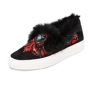 Rachel Zoe Fur Embroidered Suede Slip-Ons Sz 7 NWT